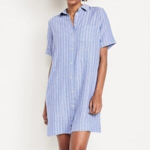 Old Navy NWT Linen Blue Striped Mini Shirt Dress